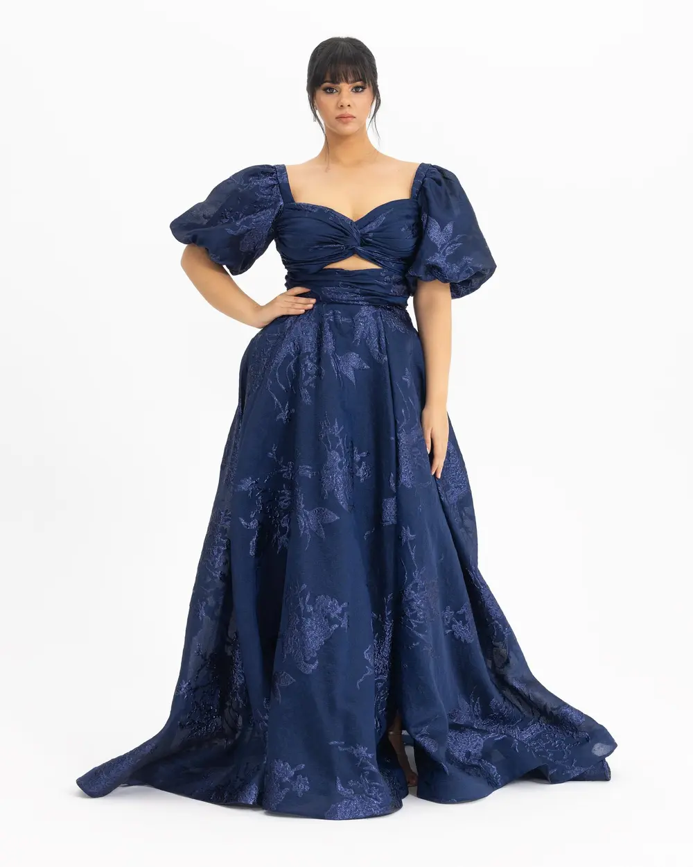  PLUS SIZE BALLOON SLEEVE PATTERNED EVENING DRESS