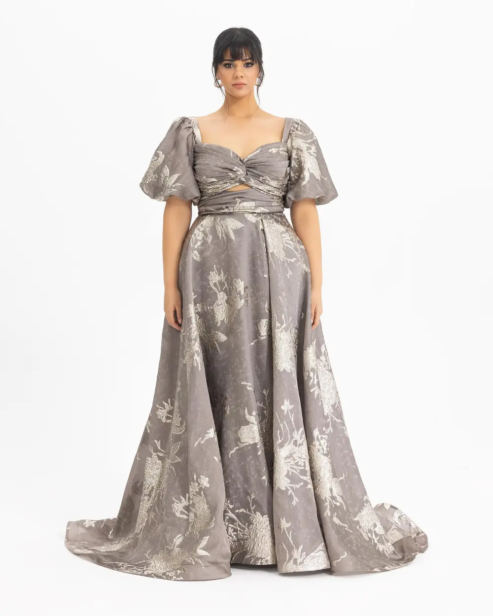  PLUS SIZE BALLOON SLEEVE PATTERNED EVENING DRESS