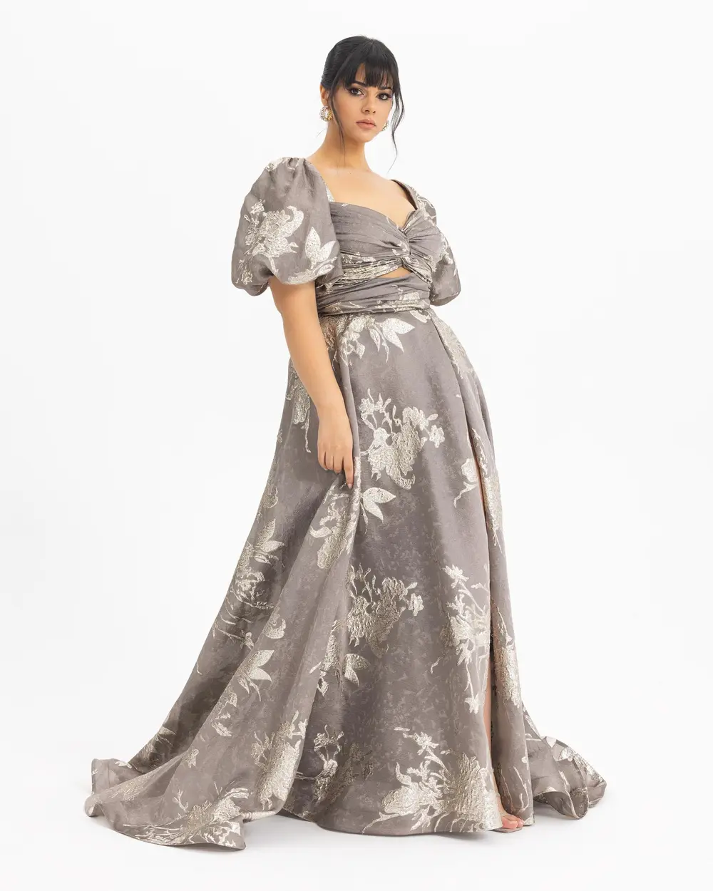  PLUS SIZE BALLOON SLEEVE PATTERNED EVENING DRESS