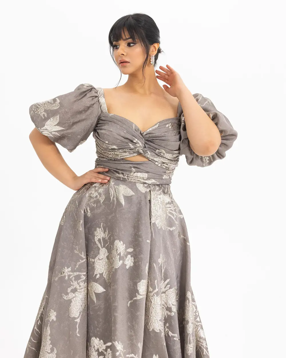  PLUS SIZE BALLOON SLEEVE PATTERNED EVENING DRESS