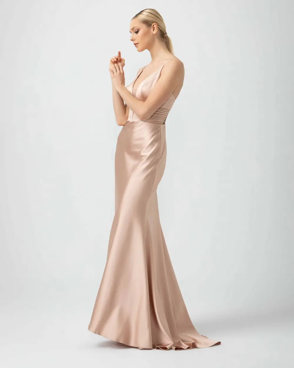 Fish Form V Neck Satin Evening Dress