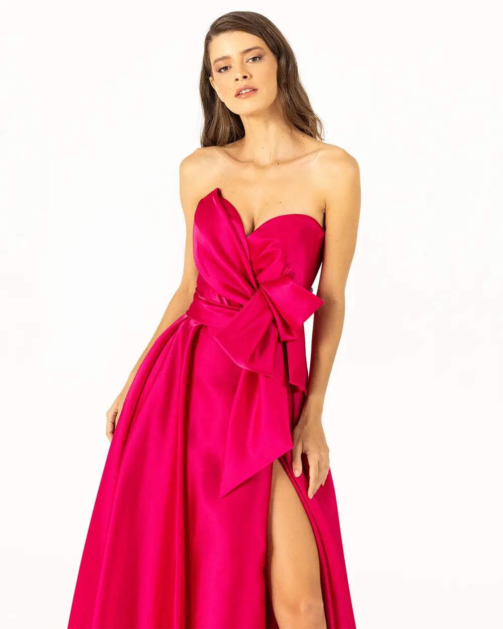 Satin Pocket Detailed Strapless Neck Evening Dress