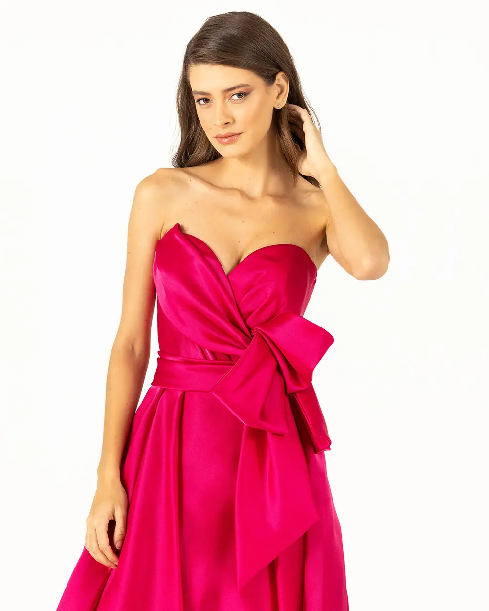 Satin Pocket Detailed Strapless Neck Evening Dress