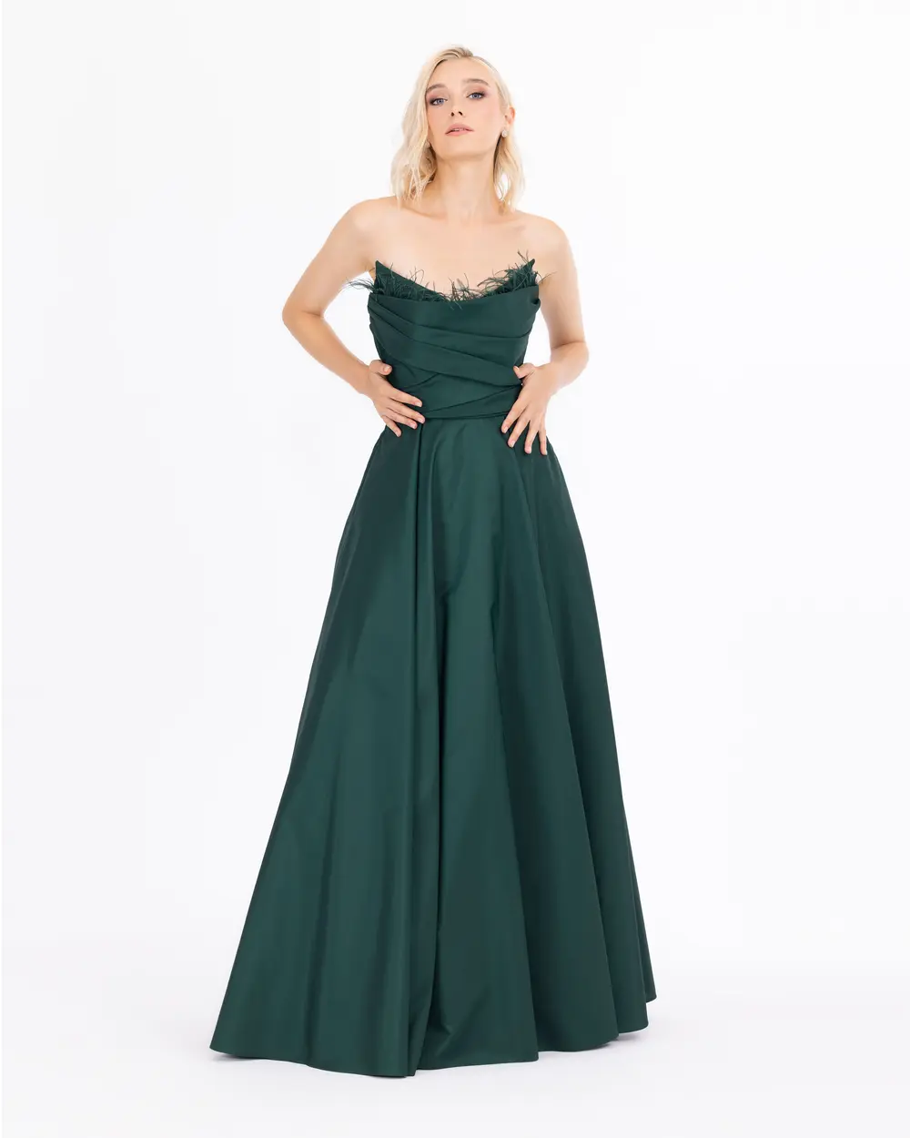 Dovetail Collar Feather Detailed Taffeta Fabric Evening Dress