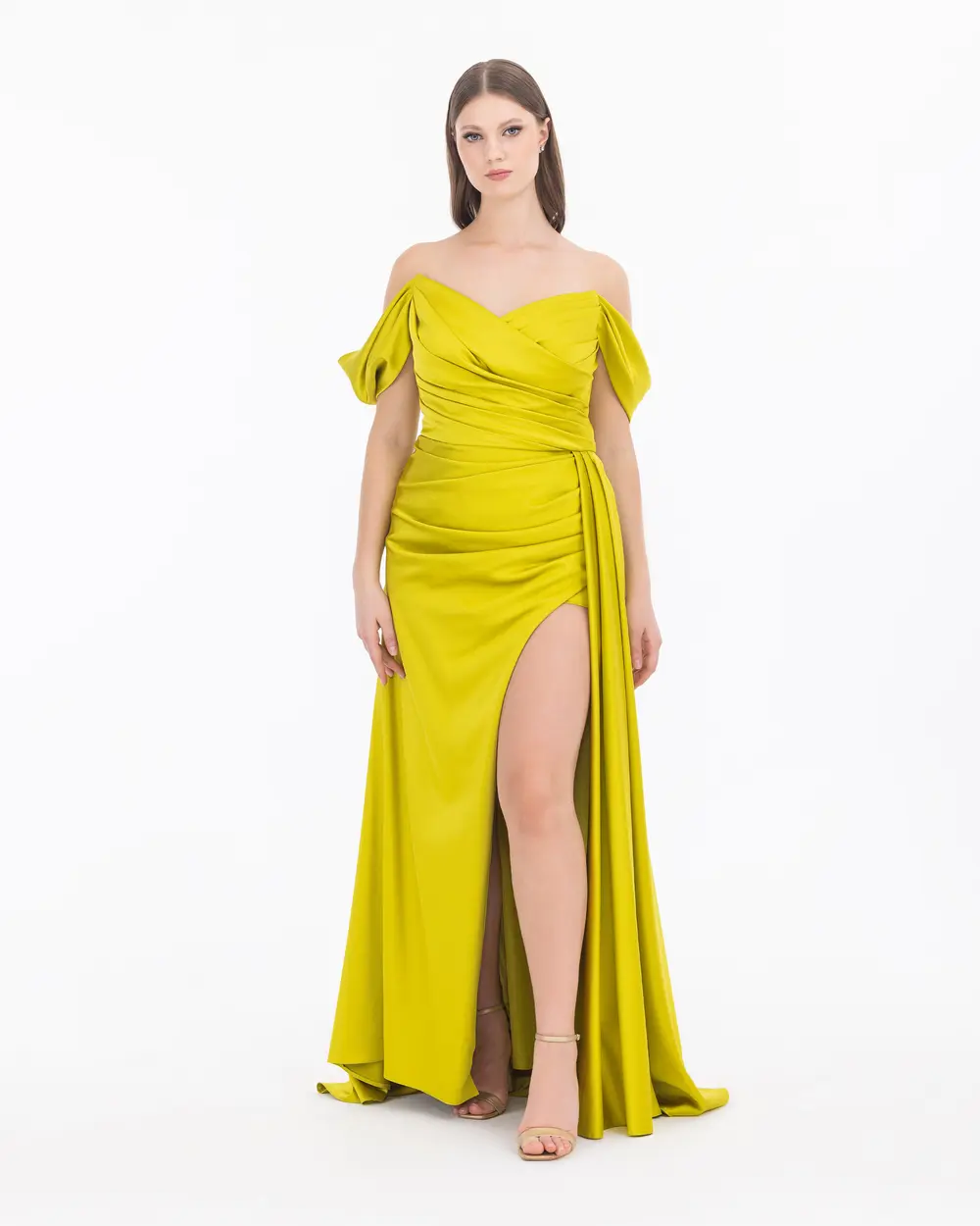 Double Breasted Neck Slit Satin Woven Evening Dress