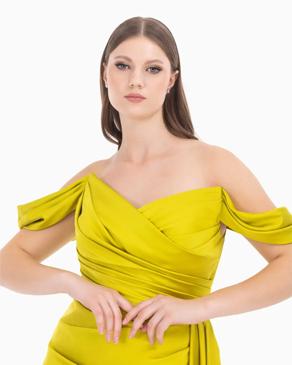 Double Breasted Neck Slit Satin Woven Evening Dress