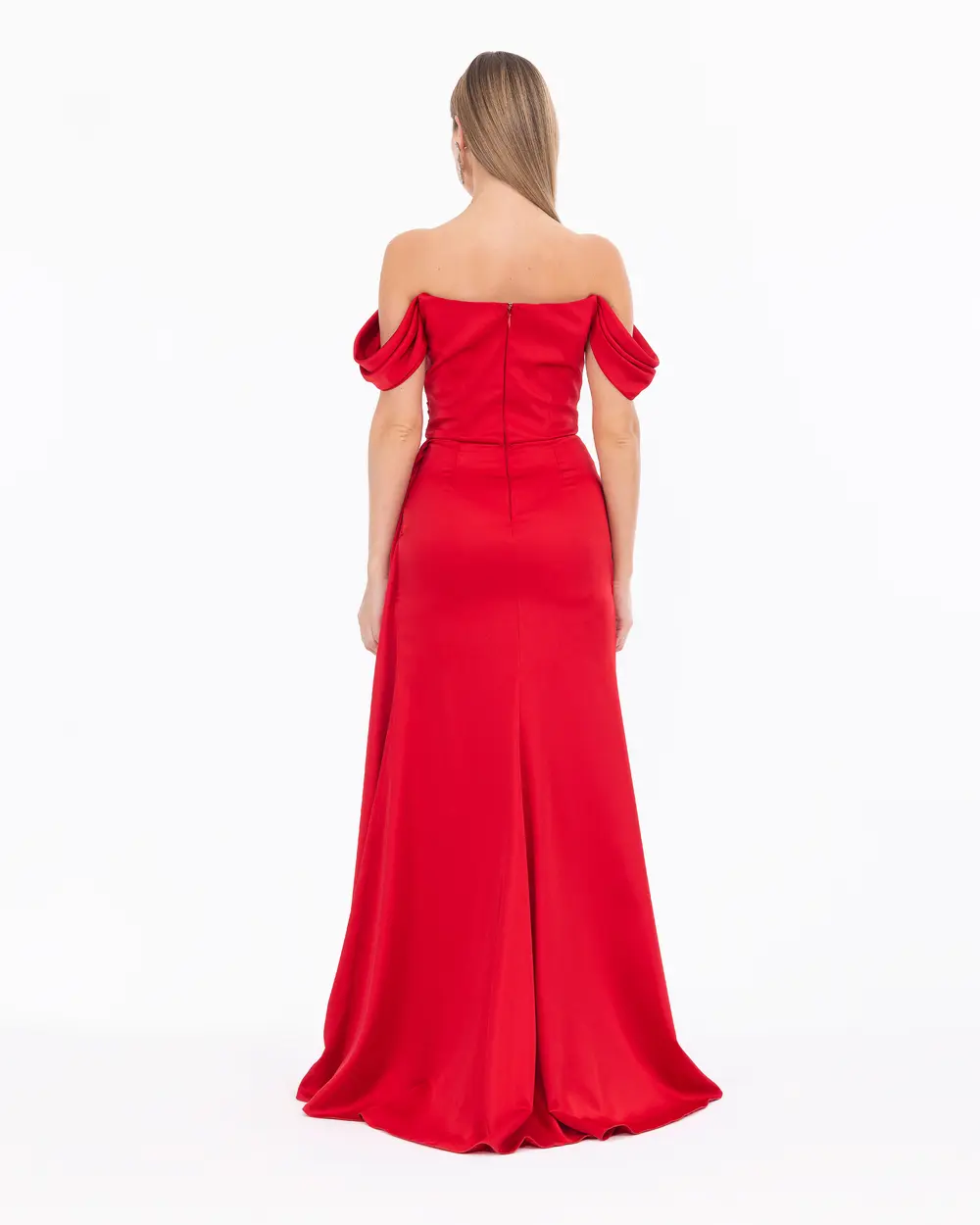 Double Breasted Neck Slit Satin Woven Evening Dress