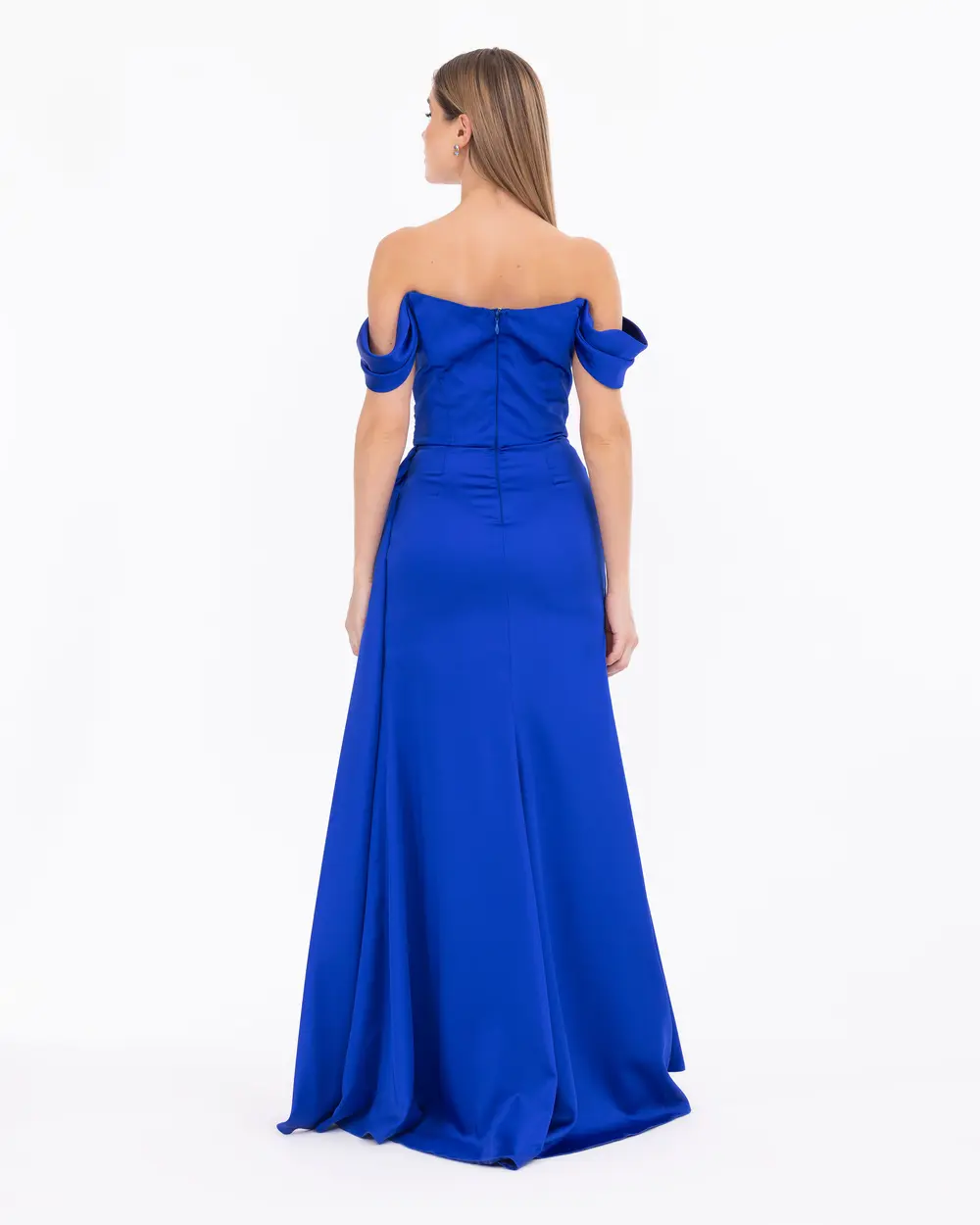 Double Breasted Neck Slit Satin Woven Evening Dress