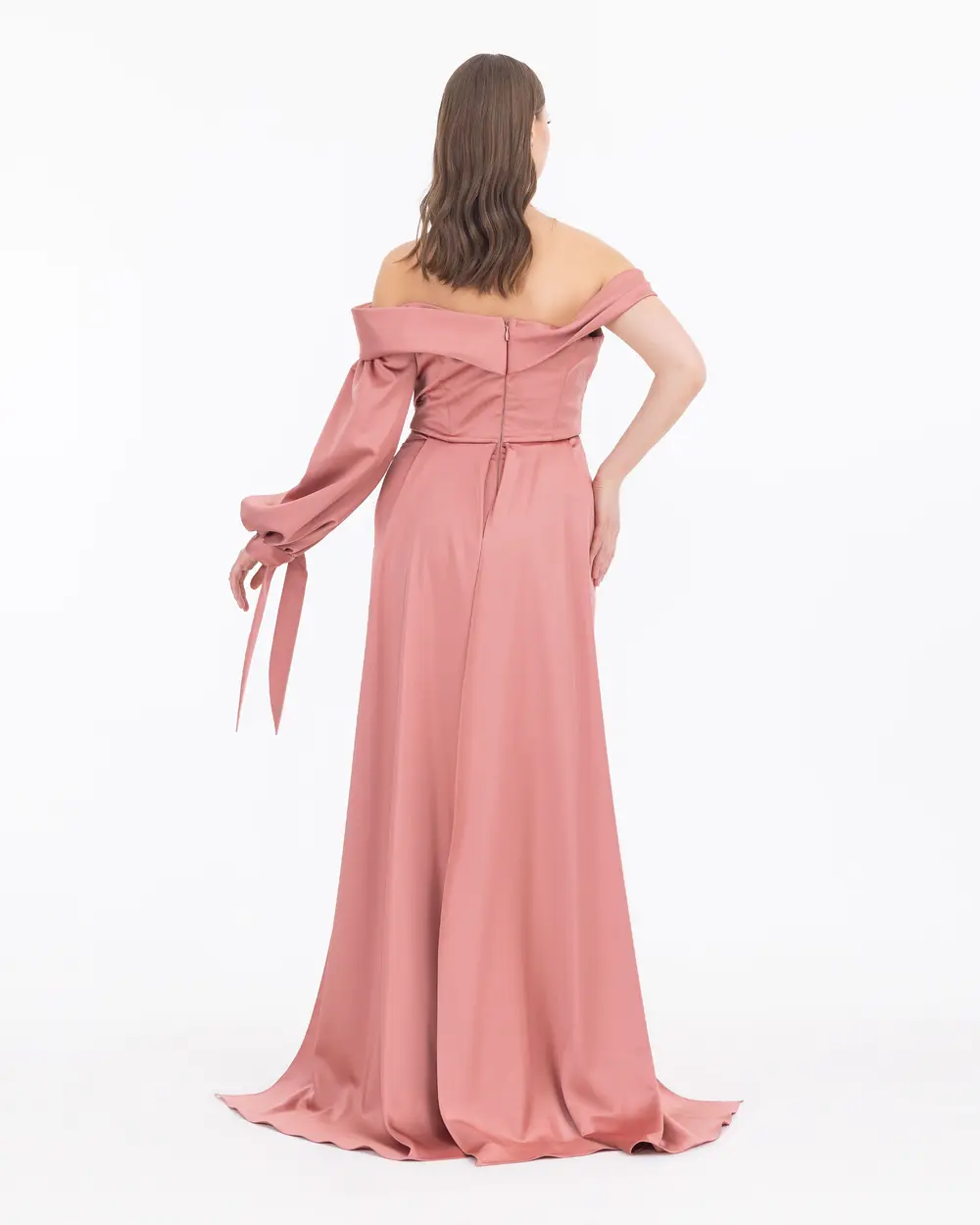 Slit Asymmetrical Collar Satin Woven Evening Dress
