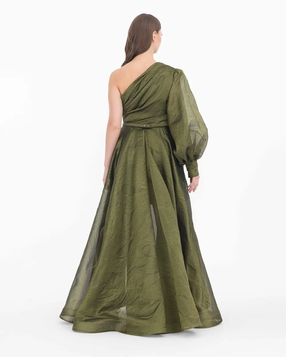 One Shoulder Slit Jacquard Evening Dress With Waist Belt