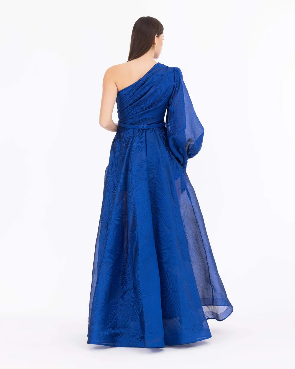 One Shoulder Slit Jacquard Evening Dress With Waist Belt
