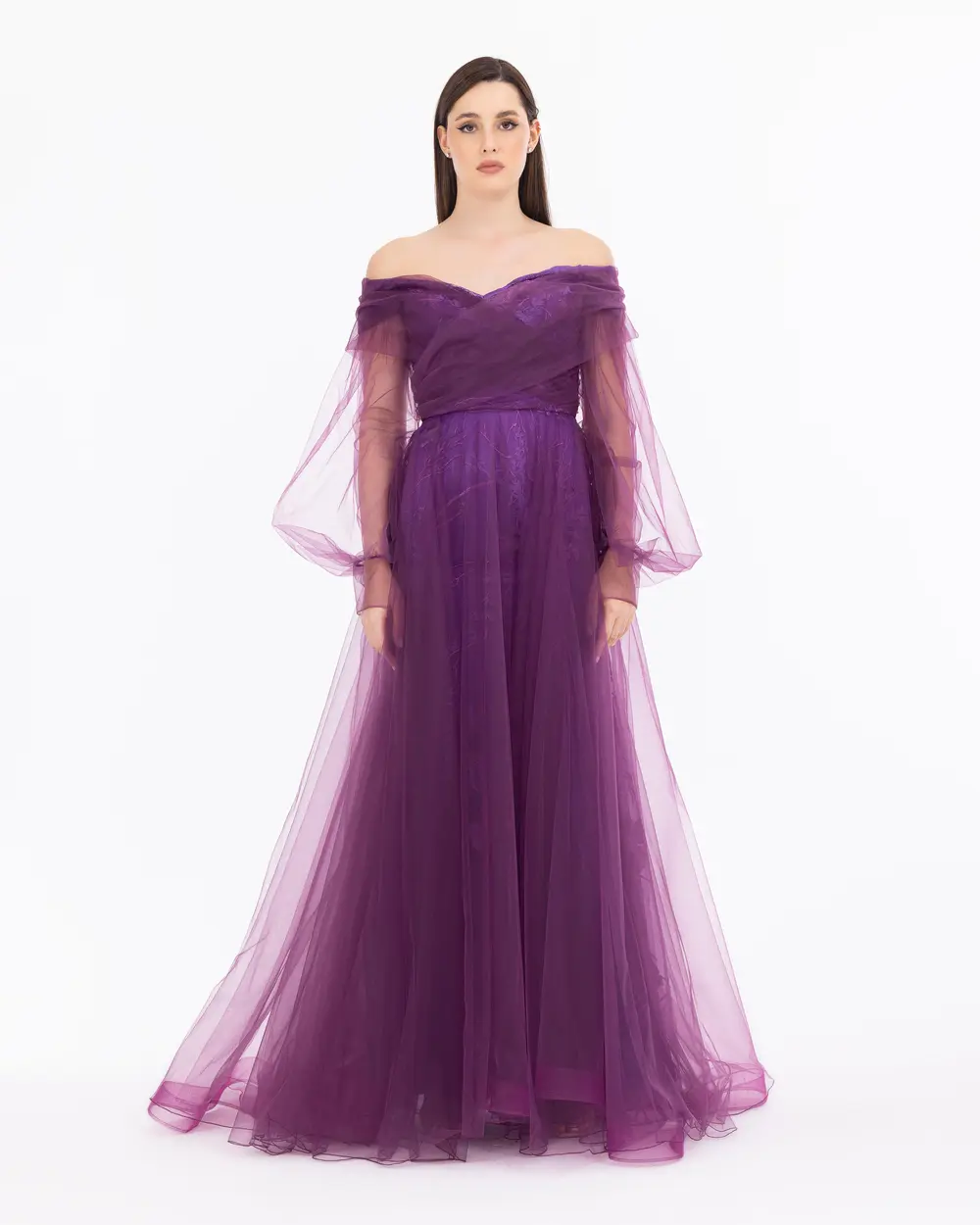 Double Breasted Neck Long Sleeve Tulle Evening Dress