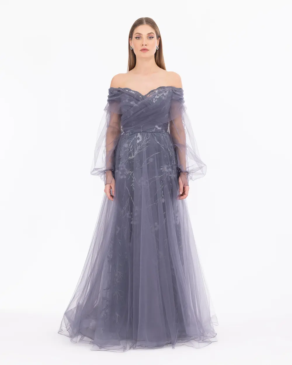 Double Breasted Neck Long Sleeve Tulle Evening Dress