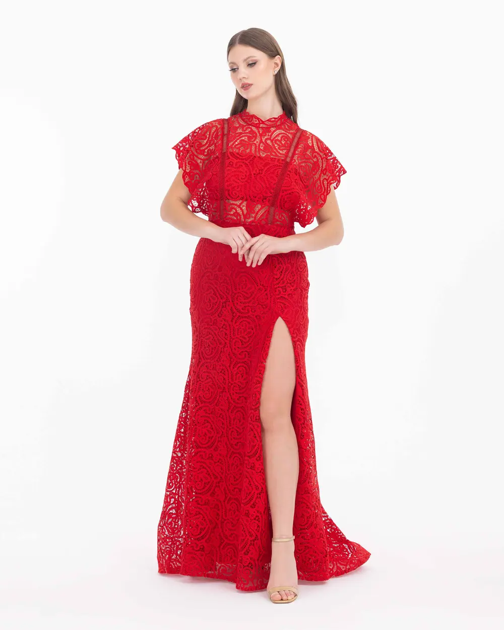 Judge Collar Slit Lace Evening Dress