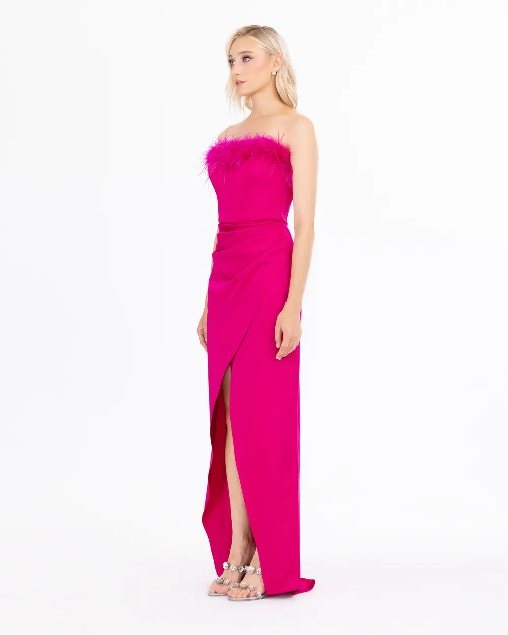 Feather Detailed Satin Woven Slit Evening Dress