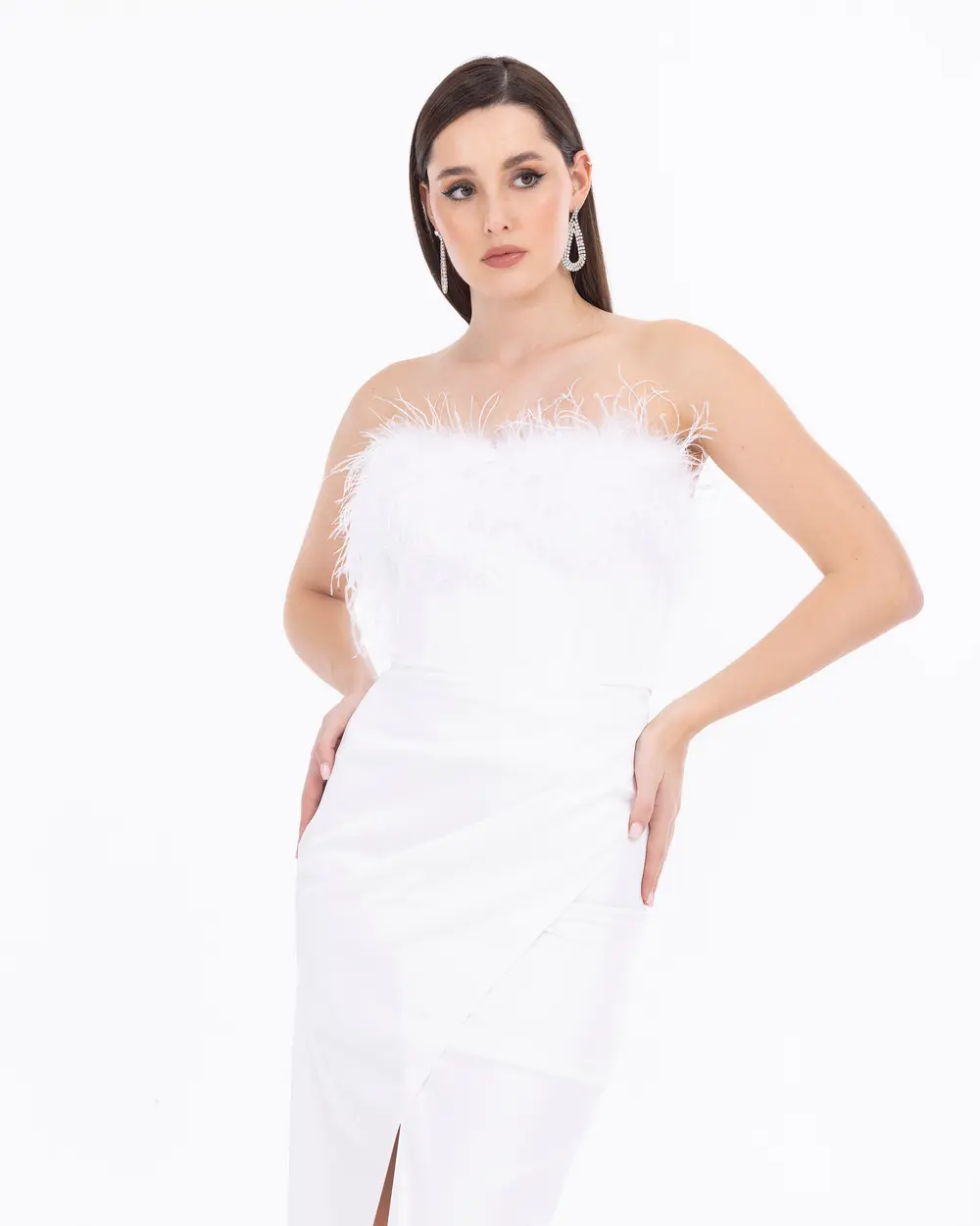 Feather Detailed Satin Woven Slit Evening Dress