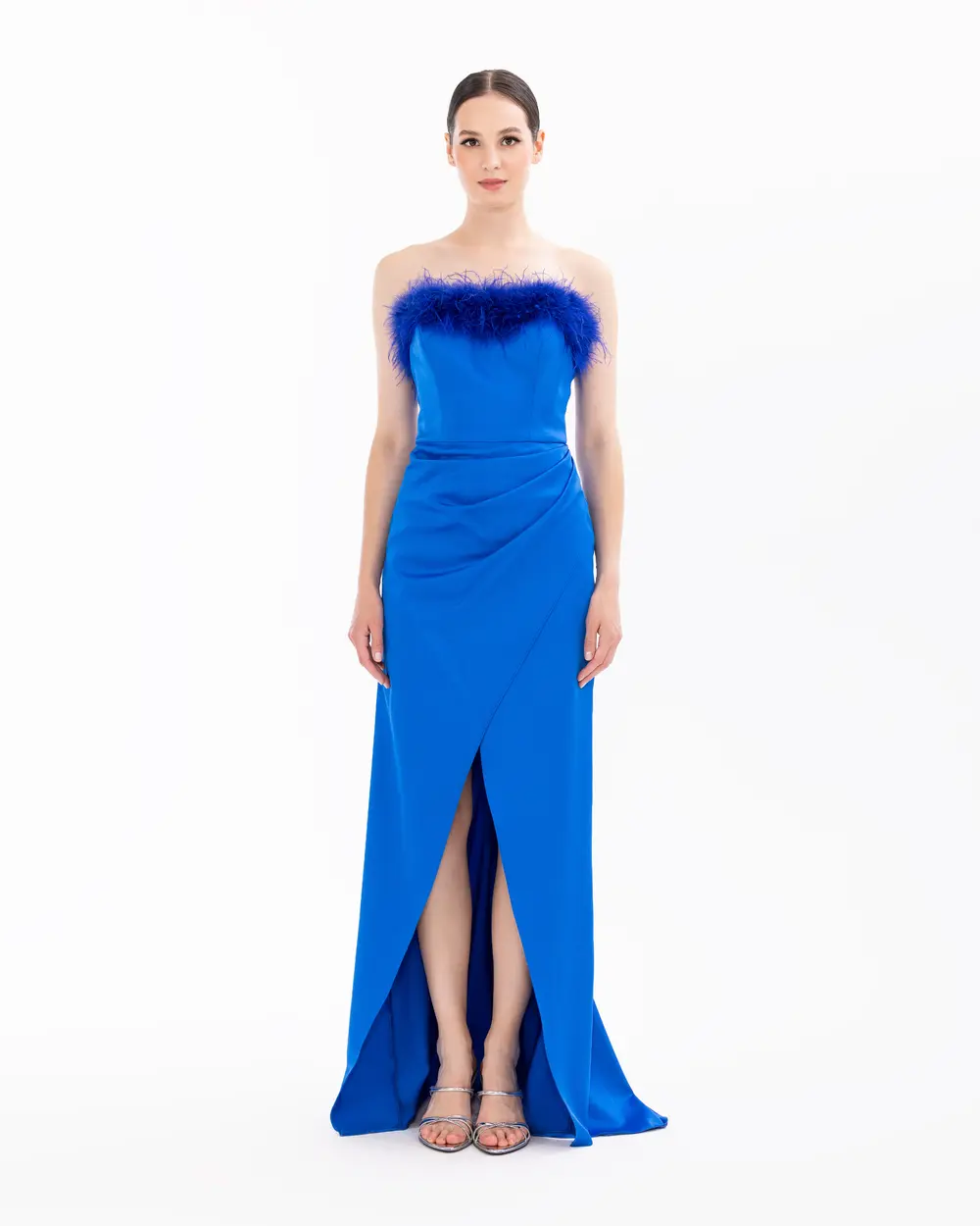 Feather Detailed Satin Woven Slit Evening Dress