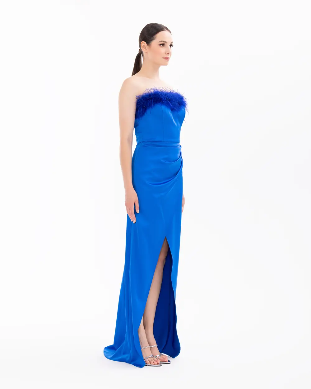 Feather Detailed Satin Woven Slit Evening Dress