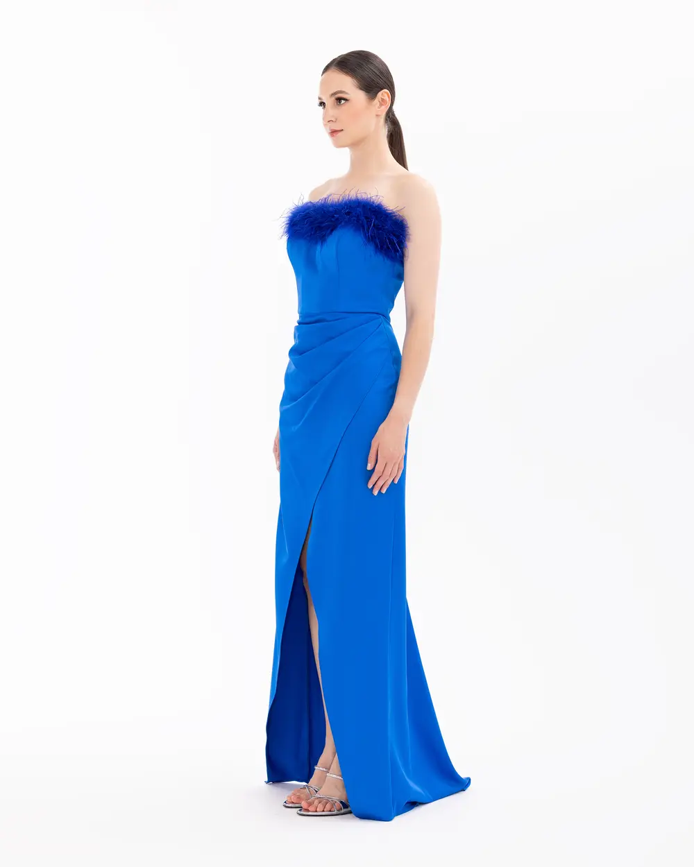 Feather Detailed Satin Woven Slit Evening Dress