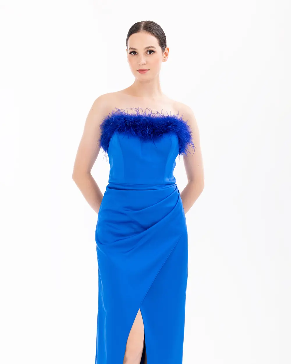 Feather Detailed Satin Woven Slit Evening Dress