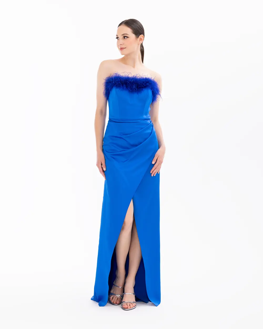 Feather Detailed Satin Woven Slit Evening Dress