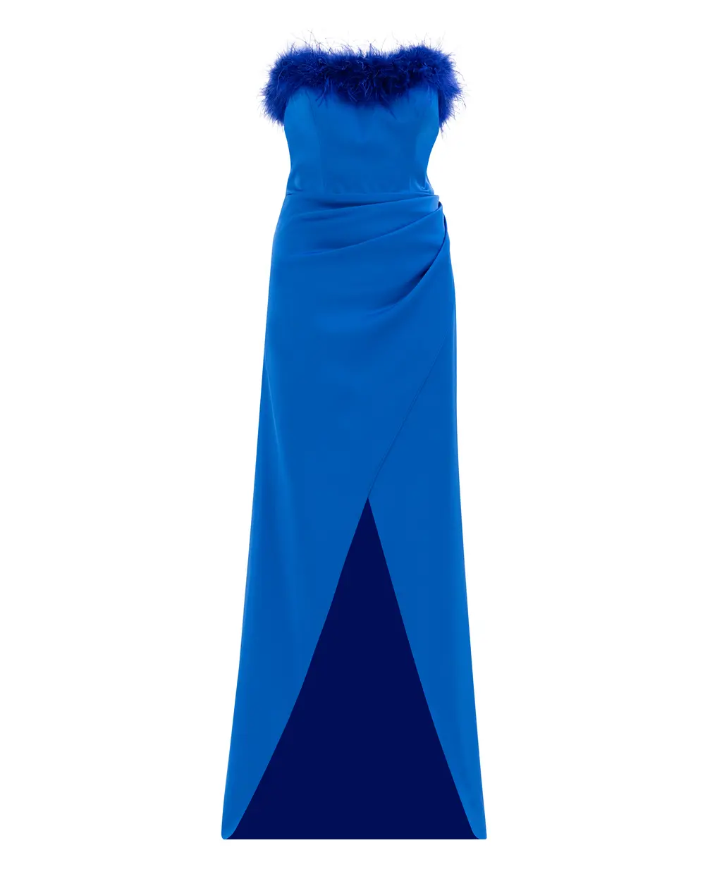 Feather Detailed Satin Woven Slit Evening Dress