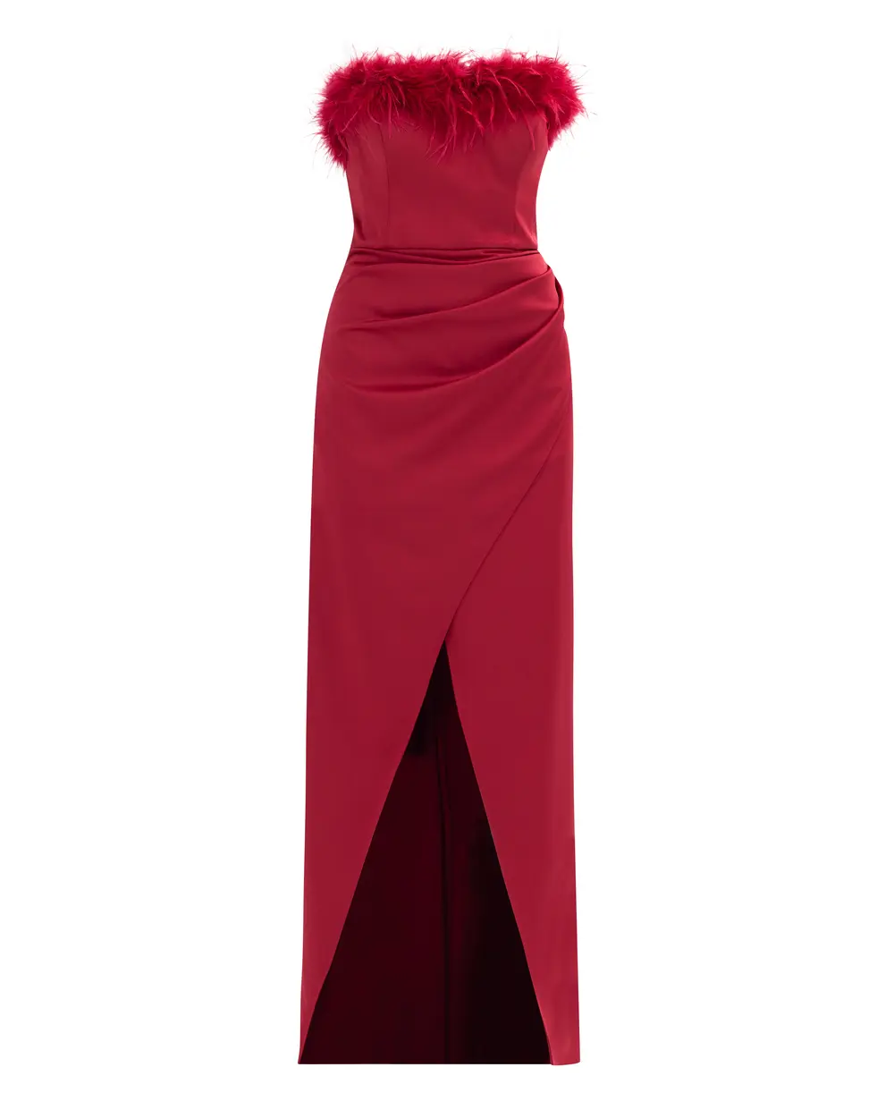 Feather Detailed Satin Woven Slit Evening Dress