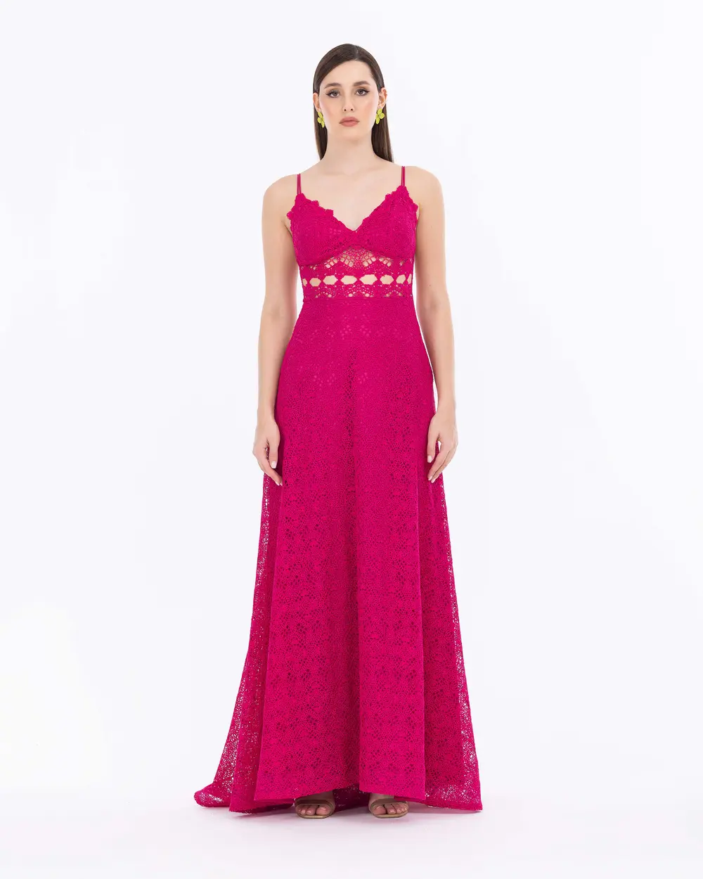 Waist Detailed V Neck Lace Evening Dress