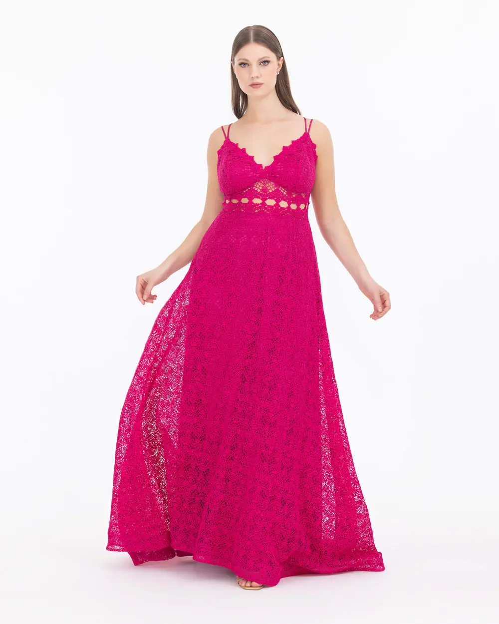 Waist Detailed V Neck Lace Evening Dress