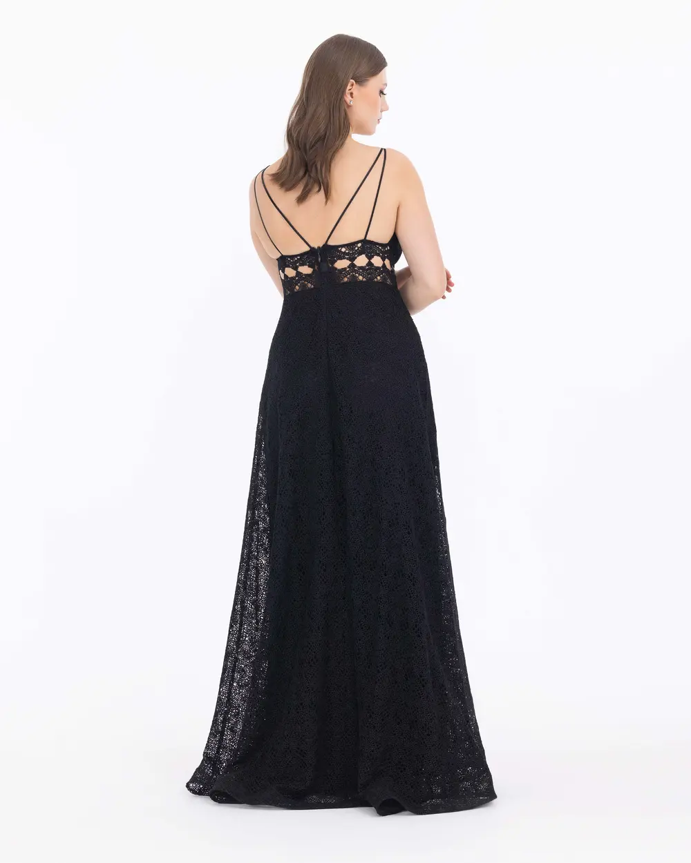 Waist Detailed V Neck Lace Evening Dress