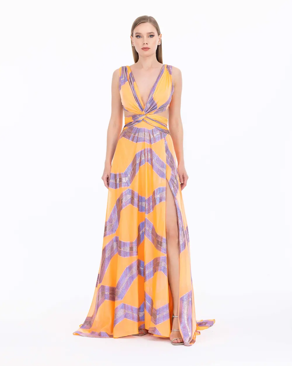 Patterned V Neck Sleeveless Maxi Length Evening Dress