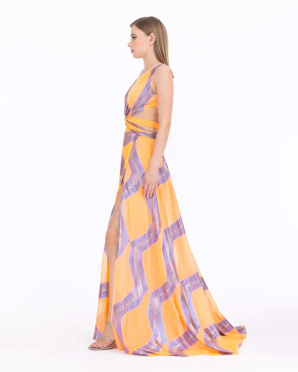 Patterned V Neck Sleeveless Maxi Length Evening Dress