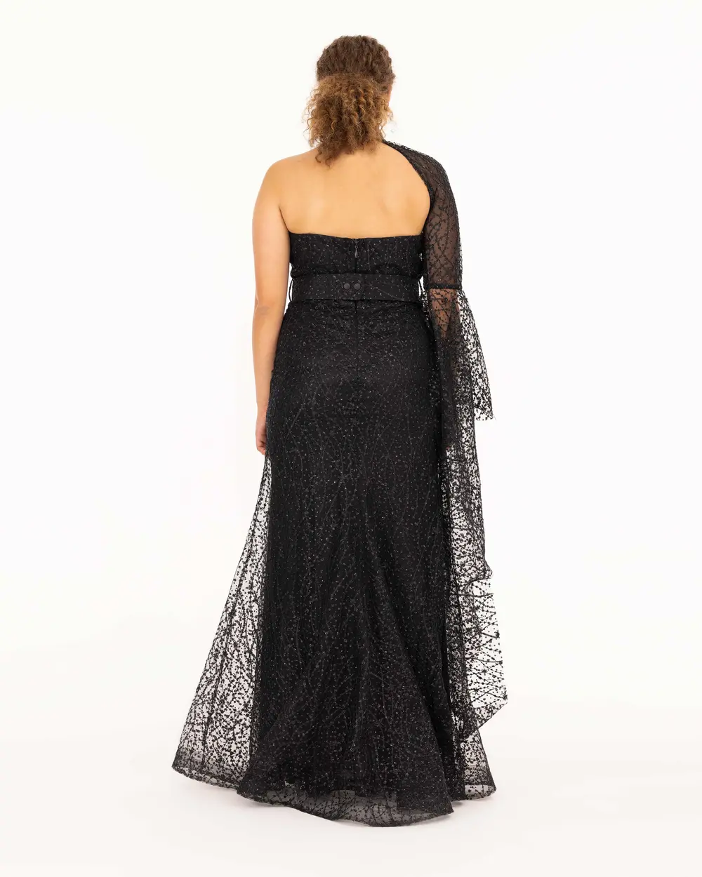 Belted Detachable Sleeve Glittery Evening Dress