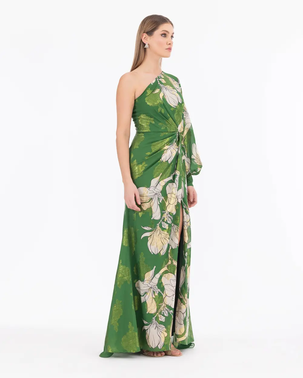 Floral Patterned Single Sleeve Asymmetrical Collar Evening Dress