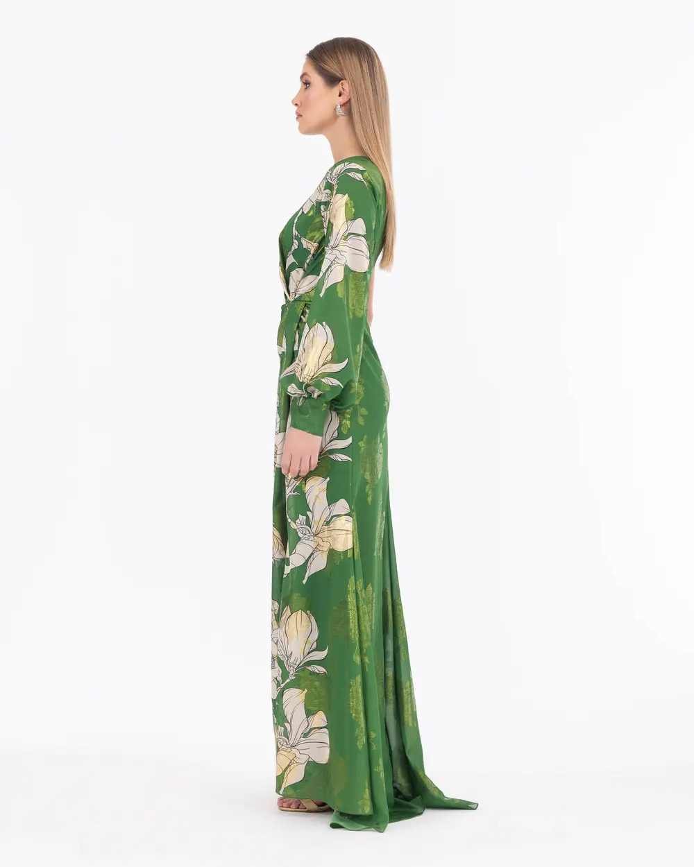 Floral Patterned Single Sleeve Asymmetrical Collar Evening Dress