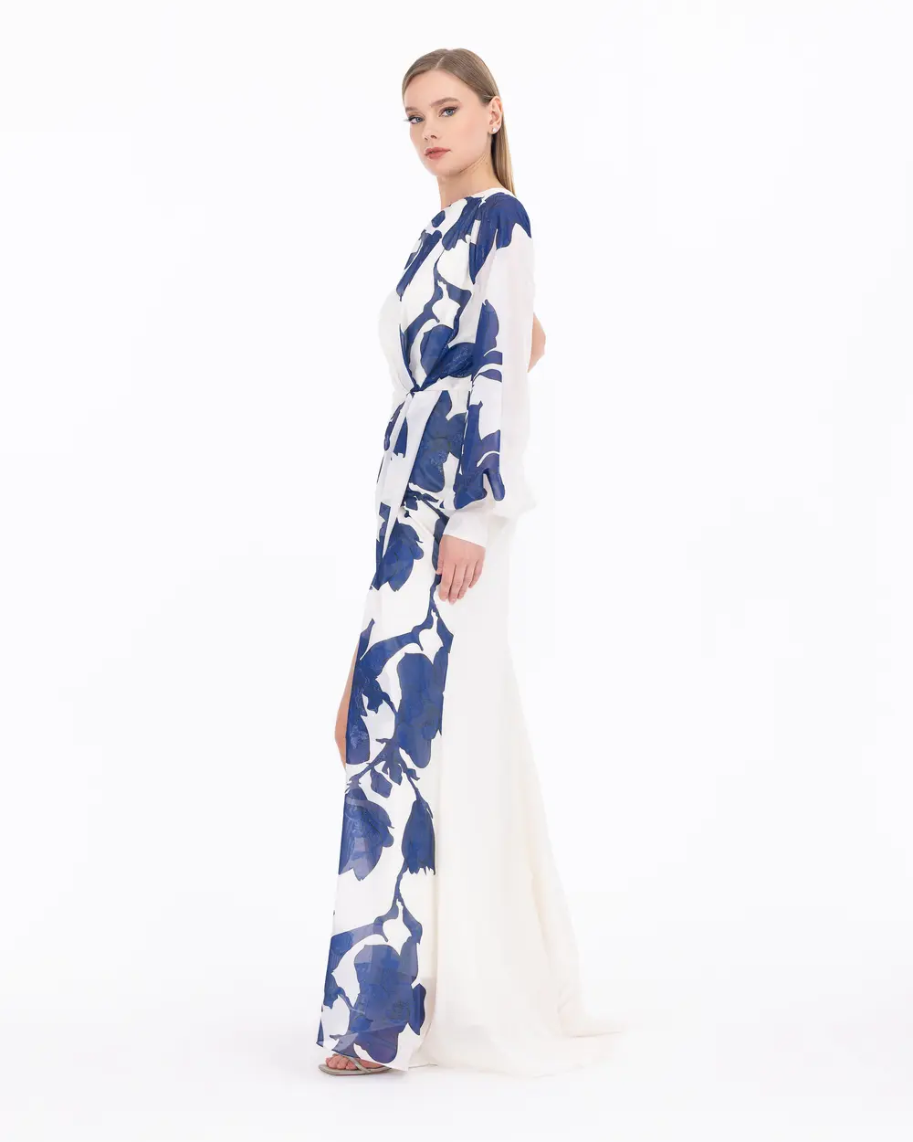 Floral Patterned Single Sleeve Asymmetrical Collar Evening Dress