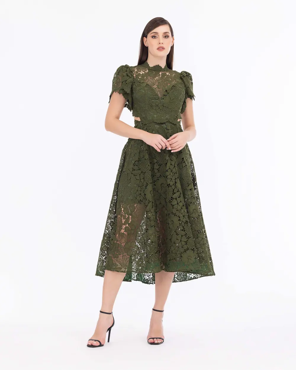 Lace Fabric Judge Collar Midi Length Evening Dress
