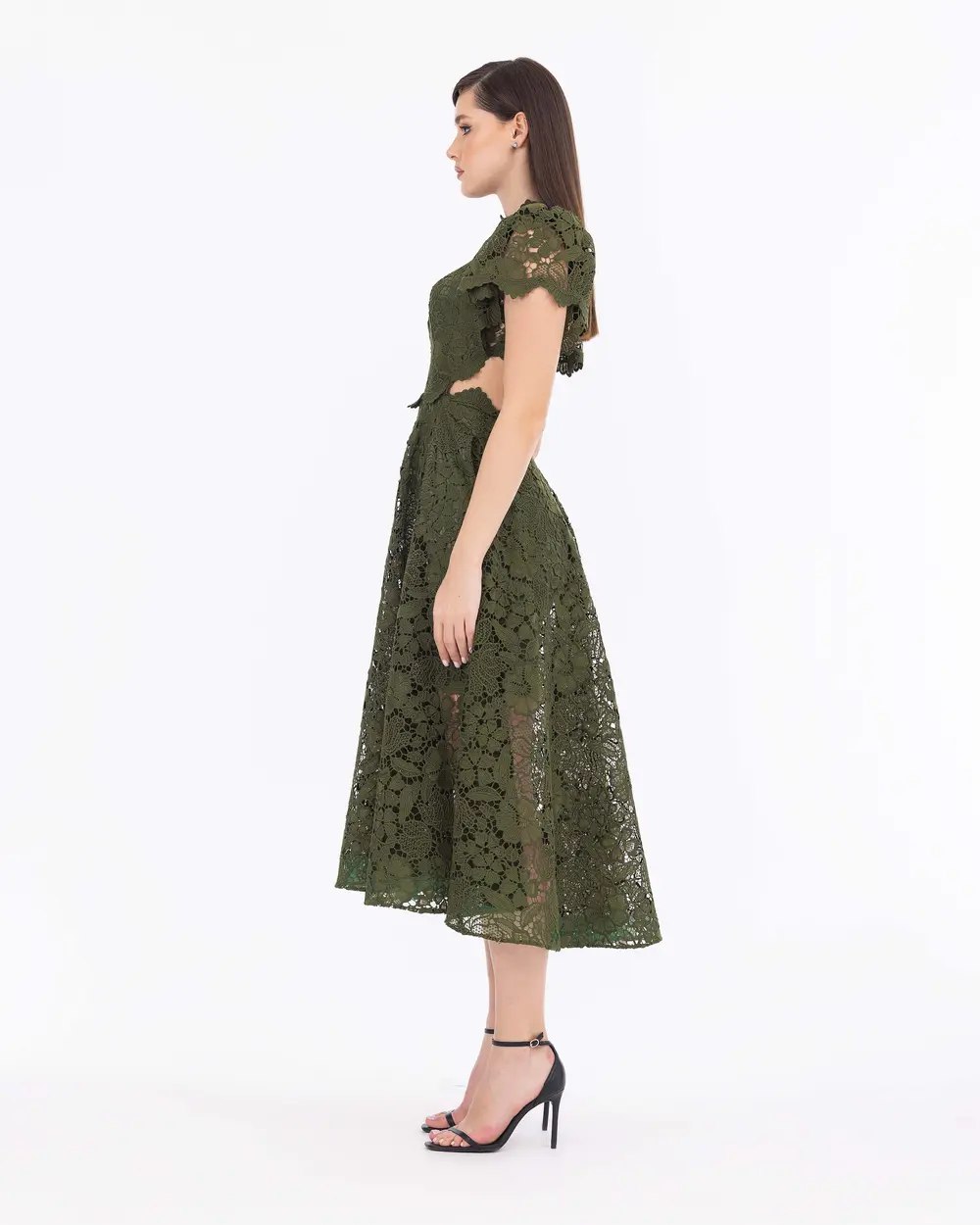 Olive Green Lace Midi Dress