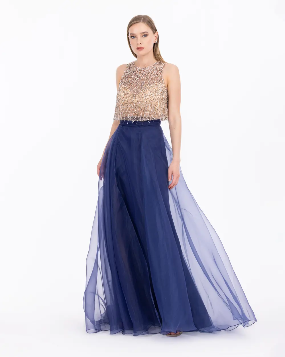 Chiffon Bead Embroidered Two Piece Evening Dress
