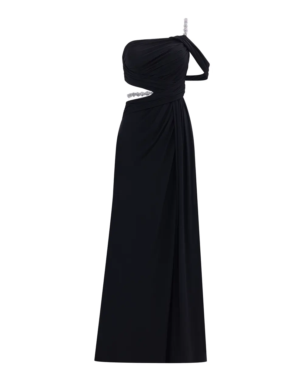 Draped Detailed Strapless Neck One Shoulder Evening Dress