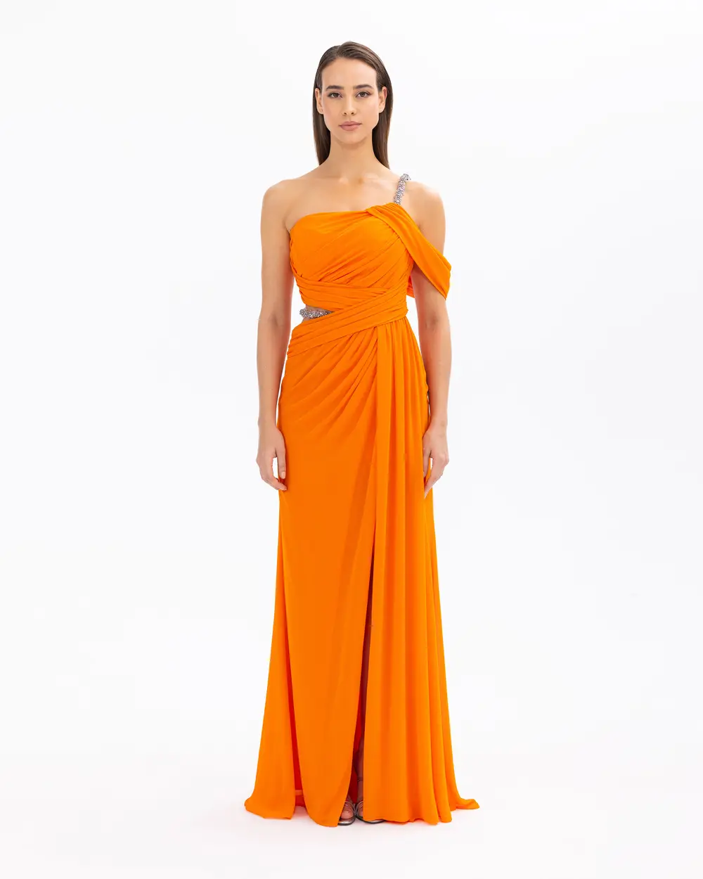 Draped Detailed Strapless Neck One Shoulder Evening Dress