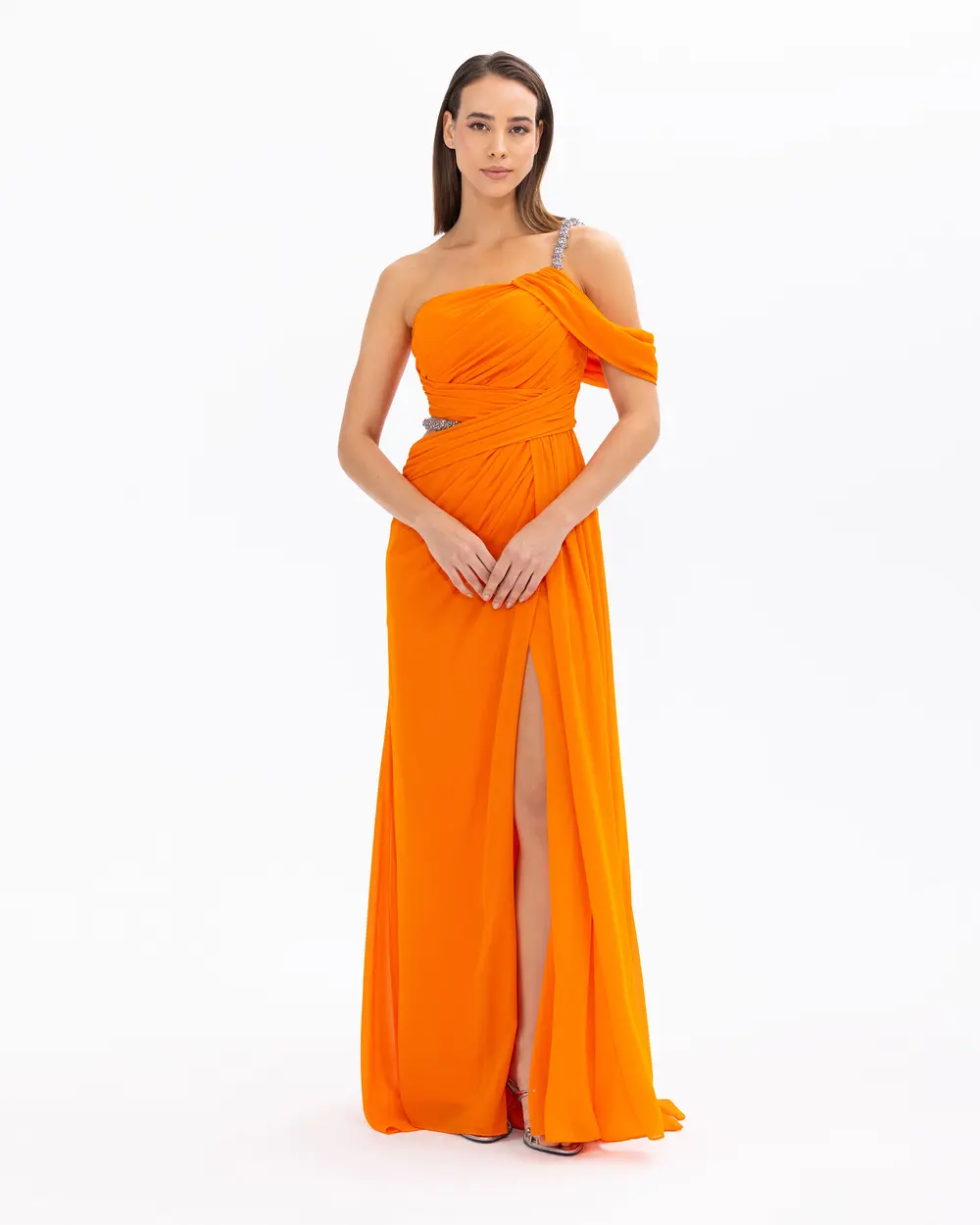 Draped Detailed Strapless Neck One Shoulder Evening Dress