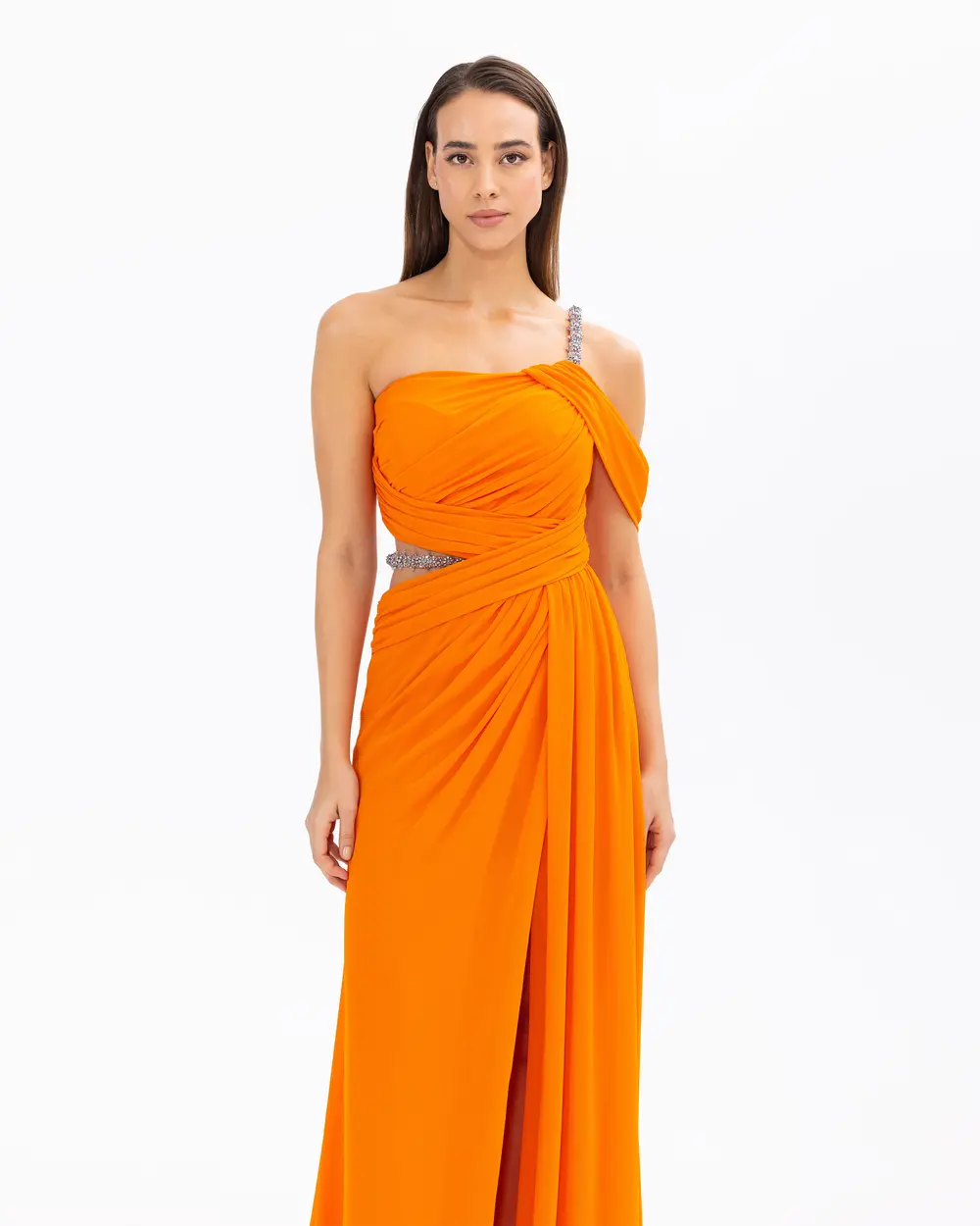 Draped Detailed Strapless Neck One Shoulder Evening Dress