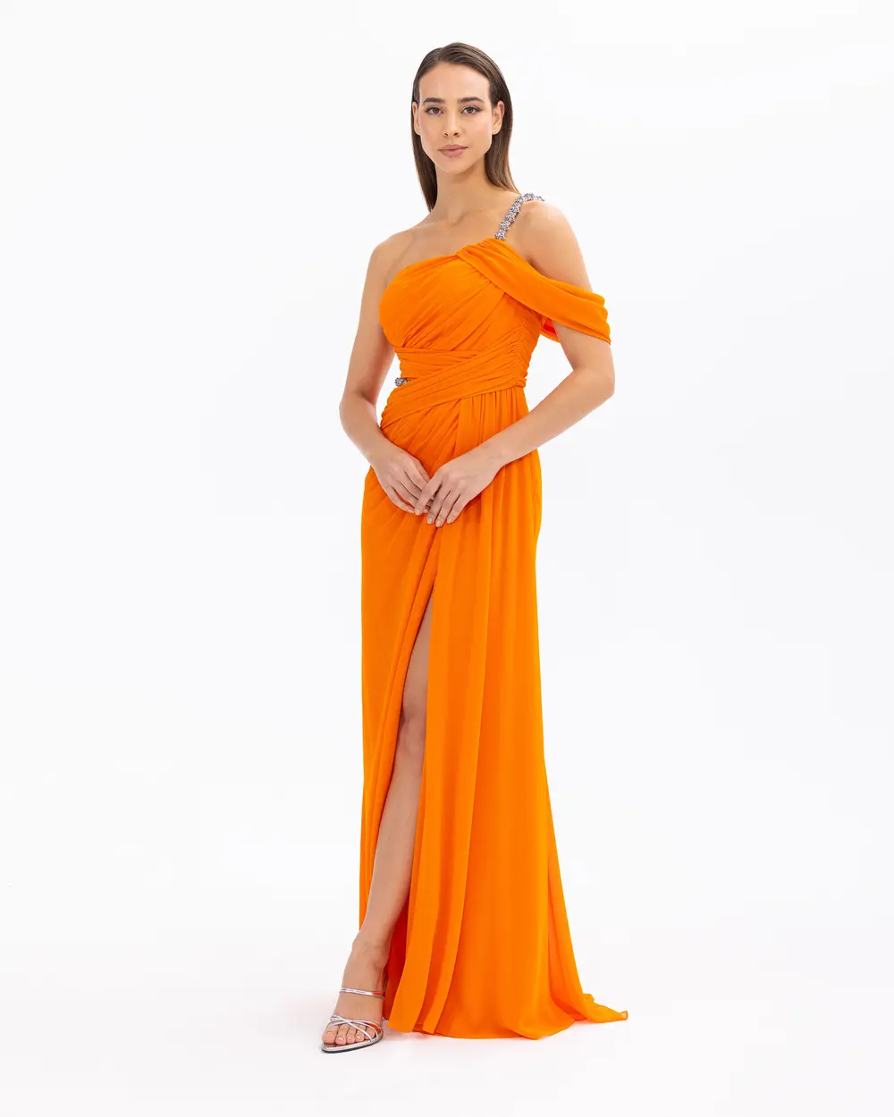 Draped Detailed Strapless Neck One Shoulder Evening Dress