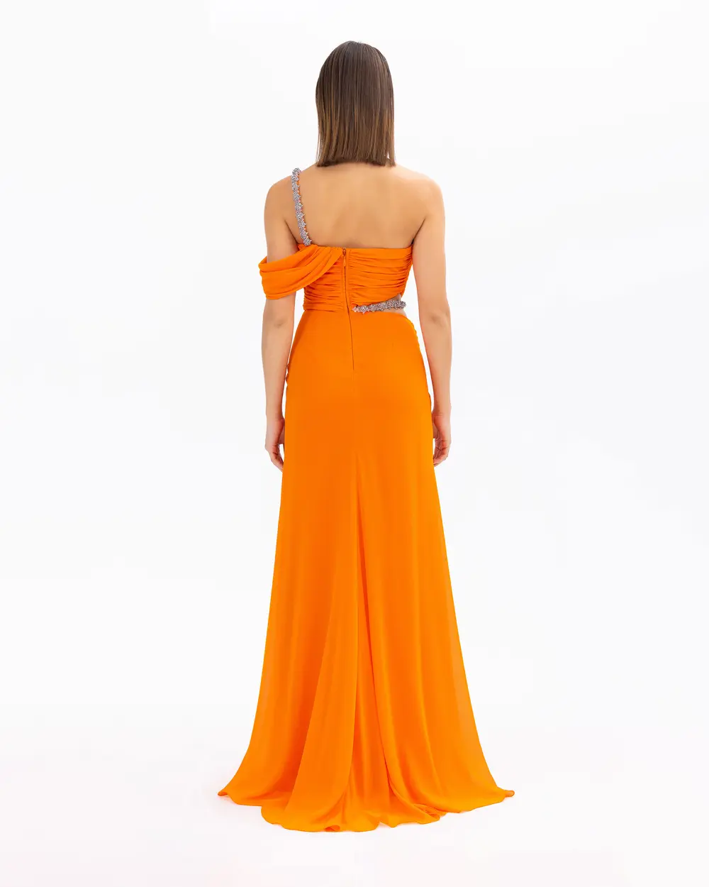 Draped Detailed Strapless Neck One Shoulder Evening Dress