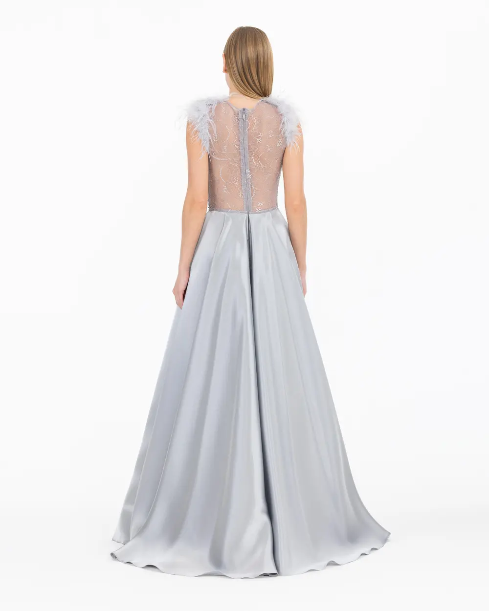 Satin Woven Transparent Detailed Maxi Length Evening Dress