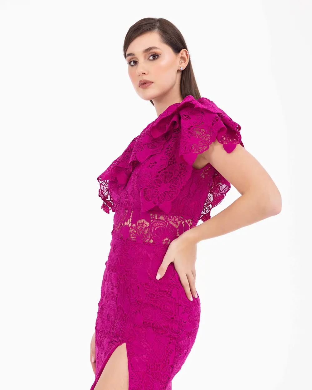 Slit Asymmetrical Collar One-Shoulder Lace Evening Dress