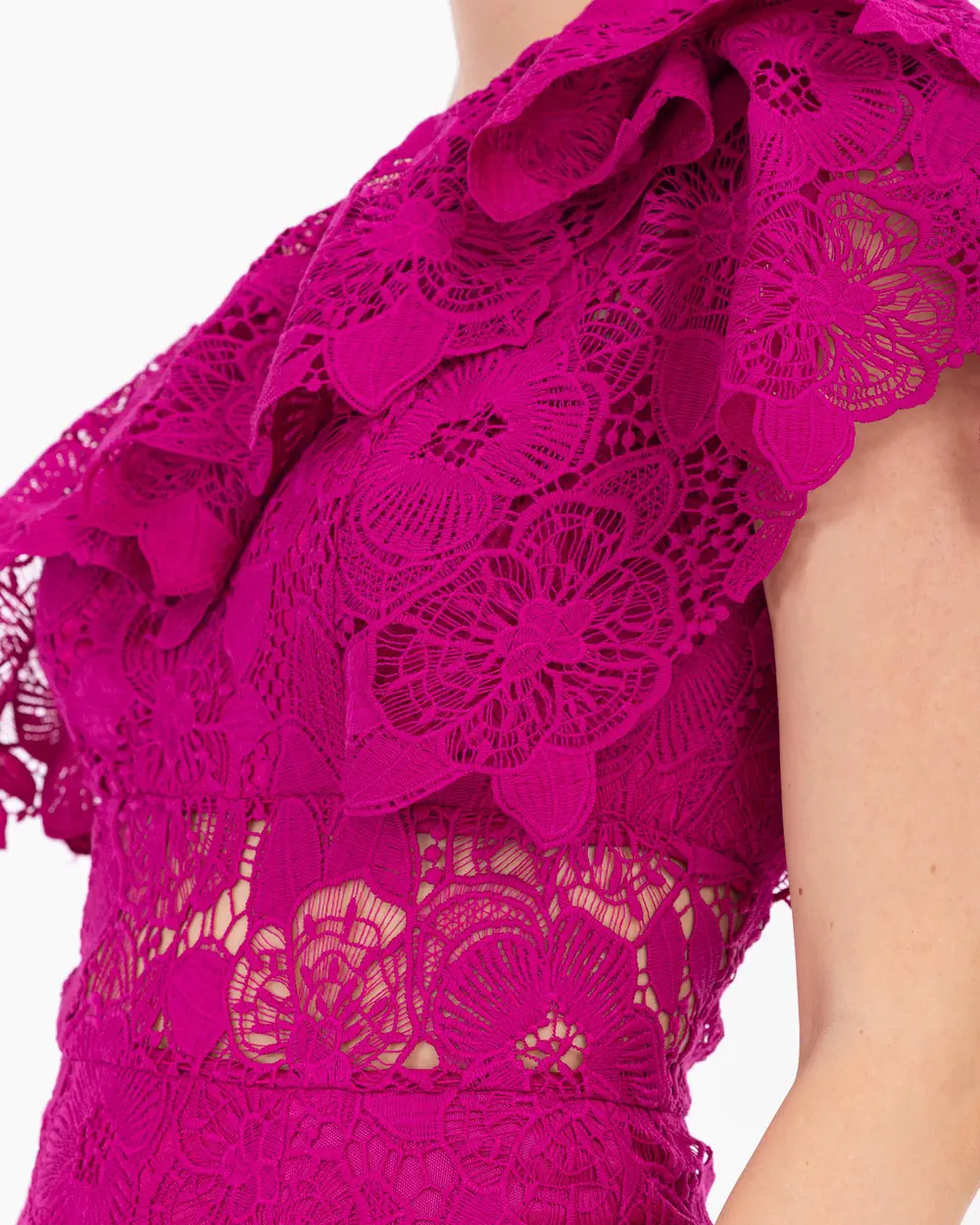 Slit Asymmetrical Collar One-Shoulder Lace Evening Dress