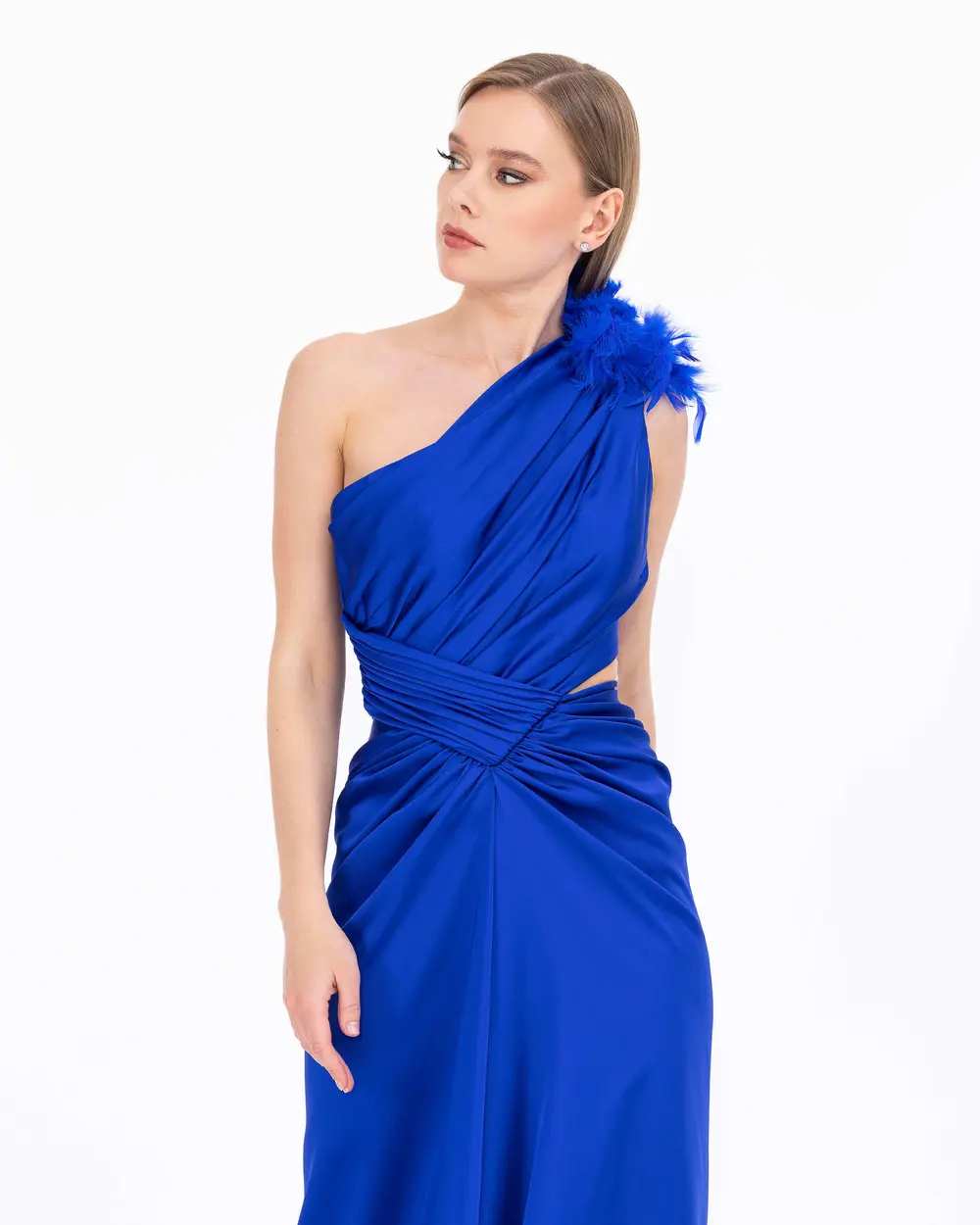 One Shoulder Feather Detailed Asymmetric Evening Dress