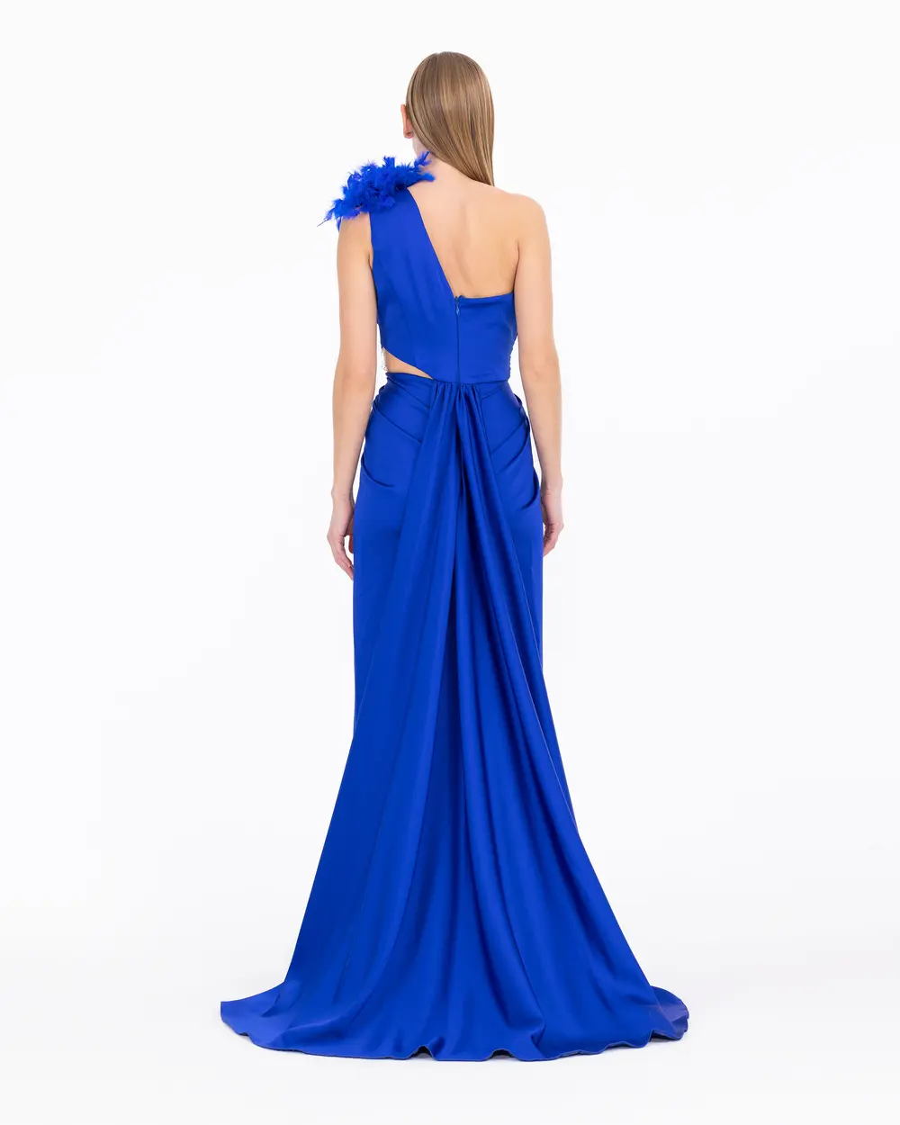 One Shoulder Feather Detailed Asymmetric Evening Dress